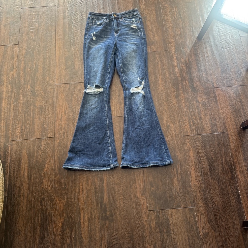 Stylish Distressed Flare Jeans - Dark Blue